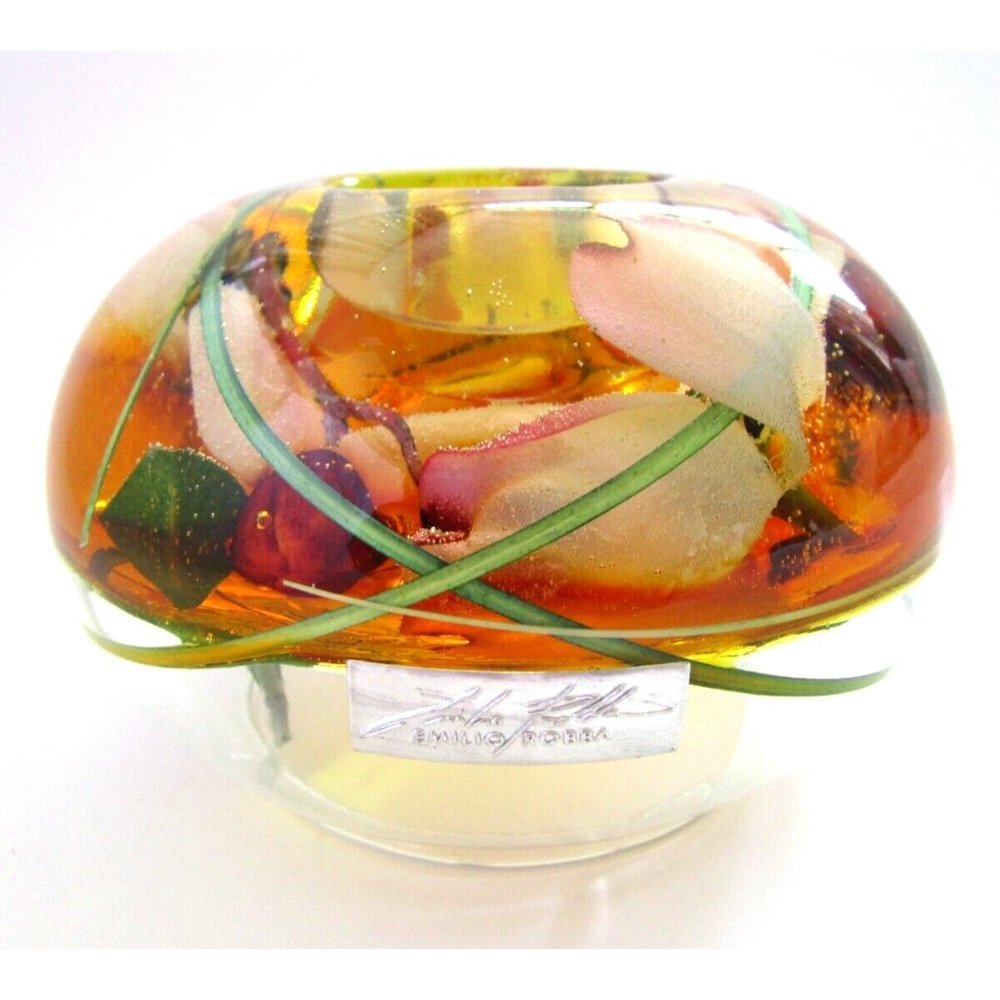 EMILIO ROBBA Amber White Orchid Flower Tea light Votive Candle Holder Glass VTG
